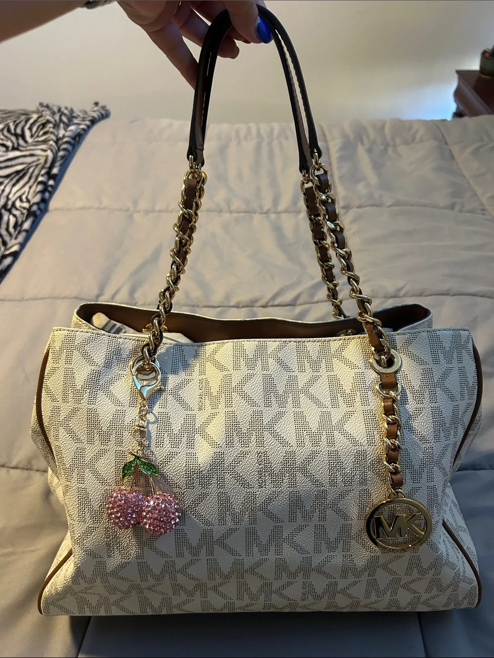Michael Kors Cream MK Logo Tote with Gold Chain Handles